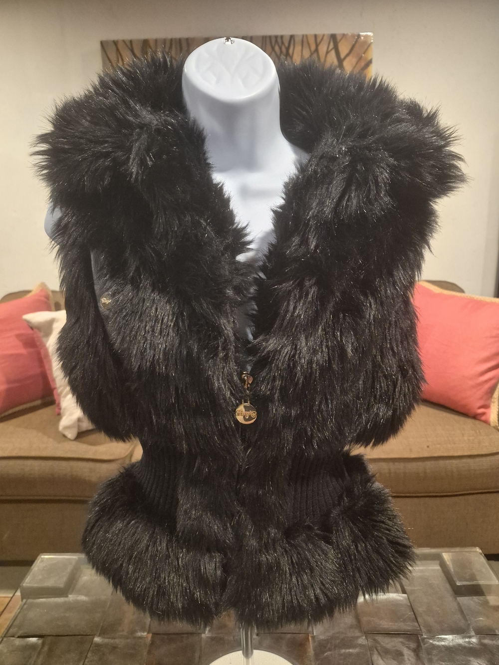 COOGI Black Faux Fur Hooded Vest with Ribbed Waist